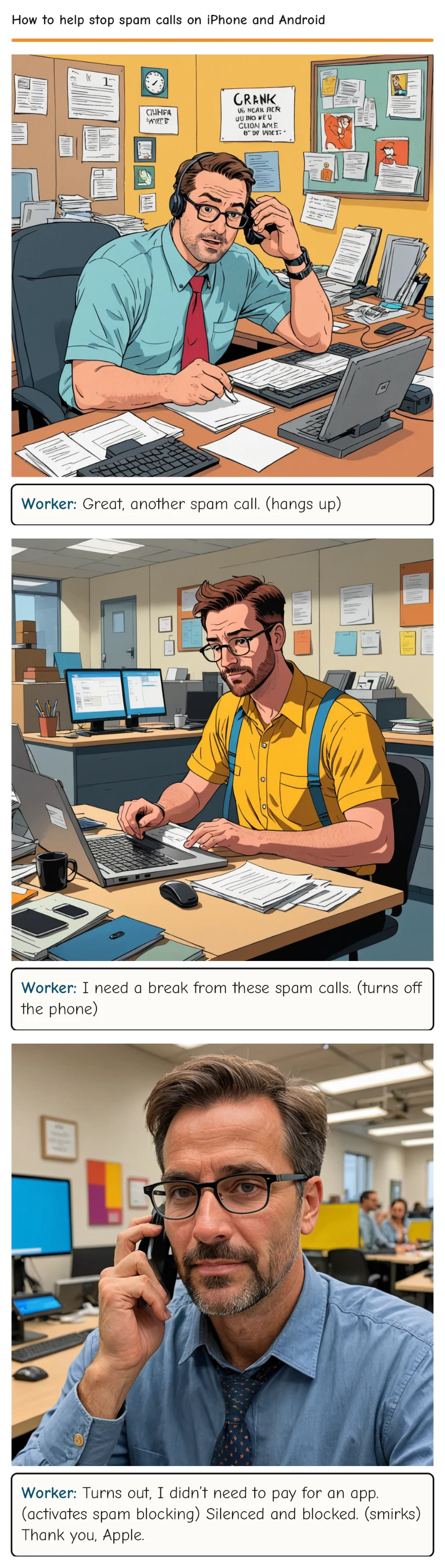 How to help stop spam calls on iPhone and Android — comic strip