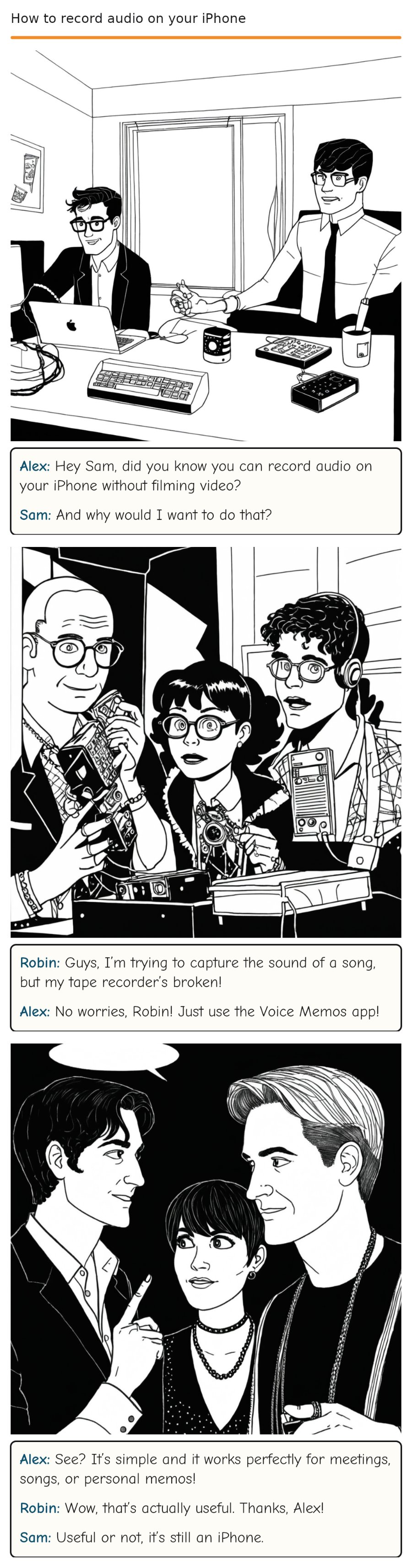 How to record audio on your iPhone — comic strip