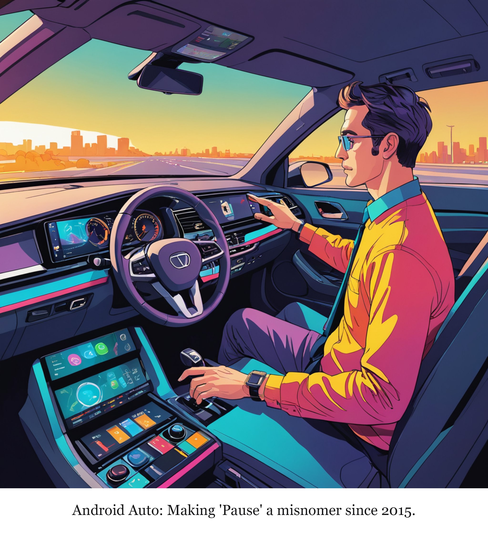 How to stop audio from auto-playing on Android Auto — one-panel cartoon