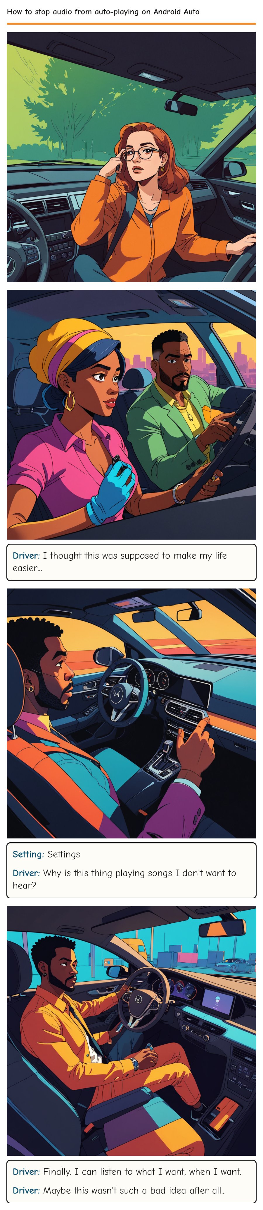 How to stop audio from auto-playing on Android Auto — comic strip