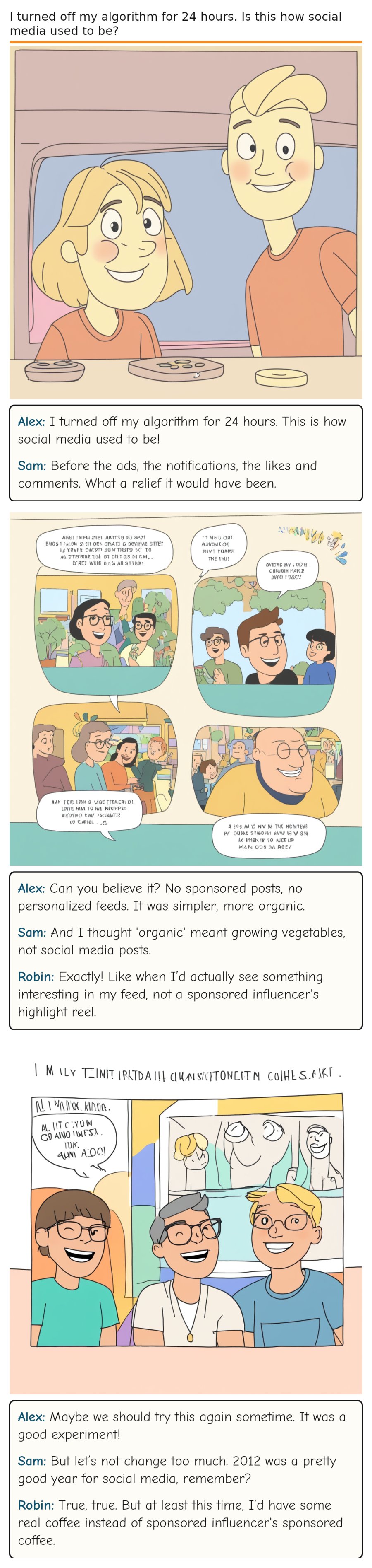 I turned off my algorithm for 24 hours. Is this how social media used to be? — comic strip