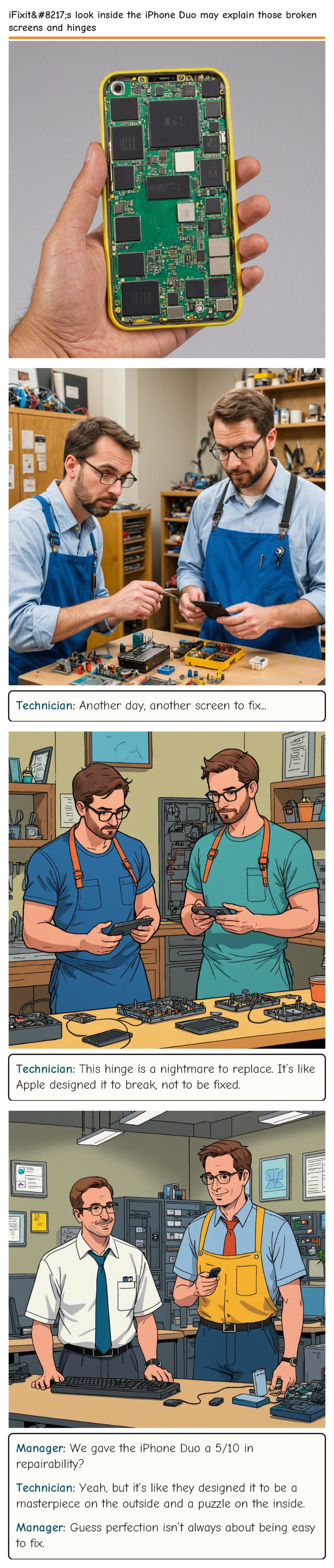 iFixit’s look inside the iPhone Duo may explain those broken screens and hinges — comic strip