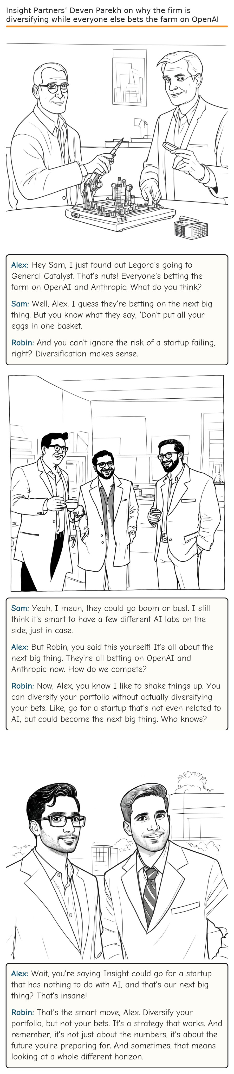 Insight Partners’ Deven Parekh on why the firm is diversifying while everyone else bets the farm on OpenAI and Anthropic — comic strip