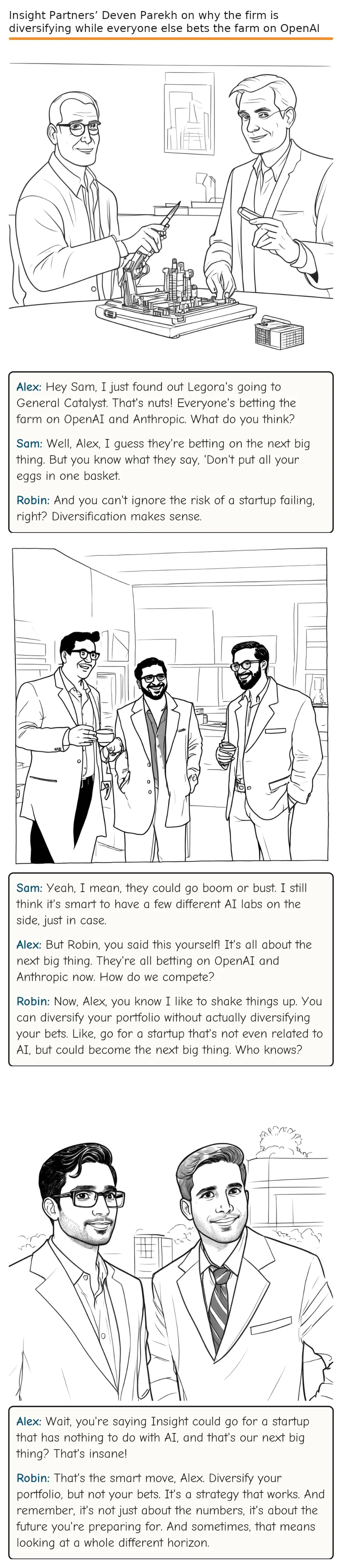 Insight Partners’ Deven Parekh on why the firm is diversifying while everyone else bets the farm on OpenAI and Anthropic — comic strip