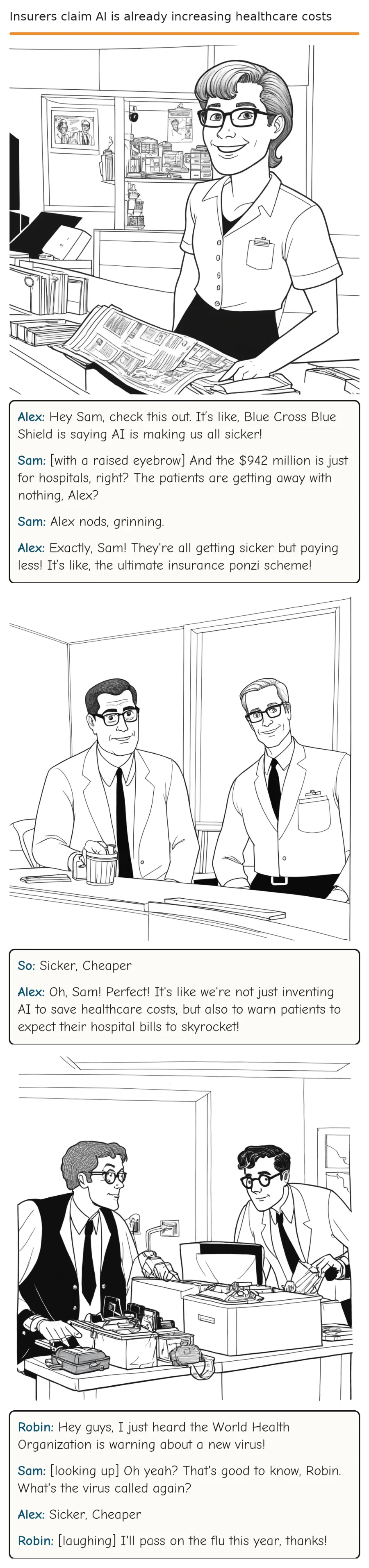 Insurers claim AI is already increasing healthcare costs — comic strip