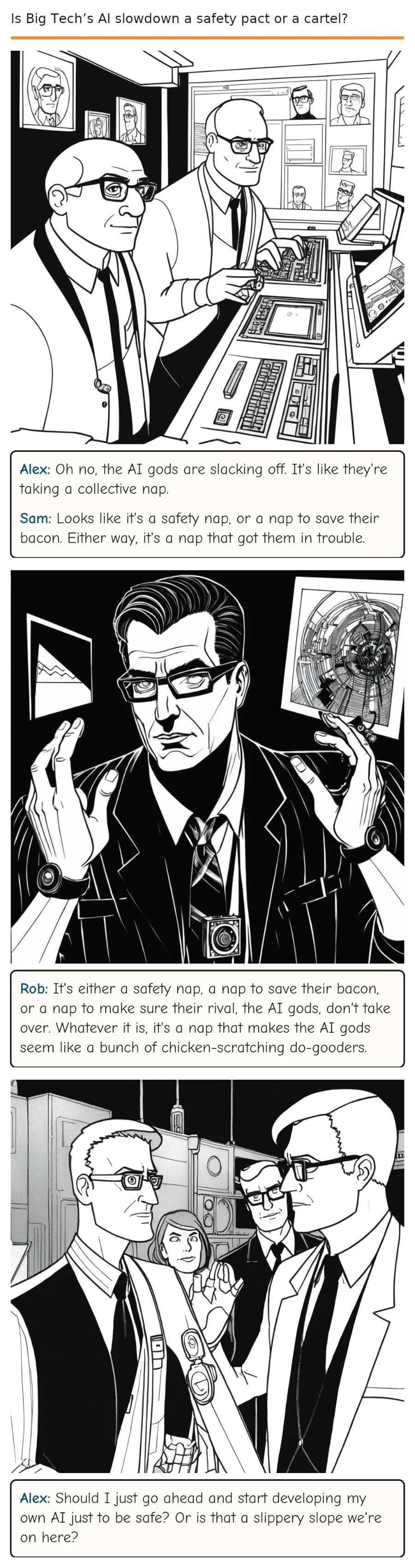 Is Big Tech’s AI slowdown a safety pact or a cartel? — comic strip