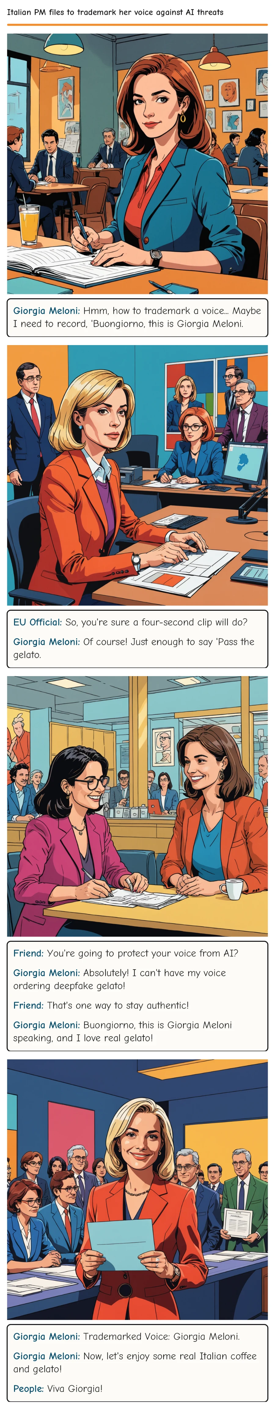 Italian PM files to trademark her voice against AI threats — comic strip