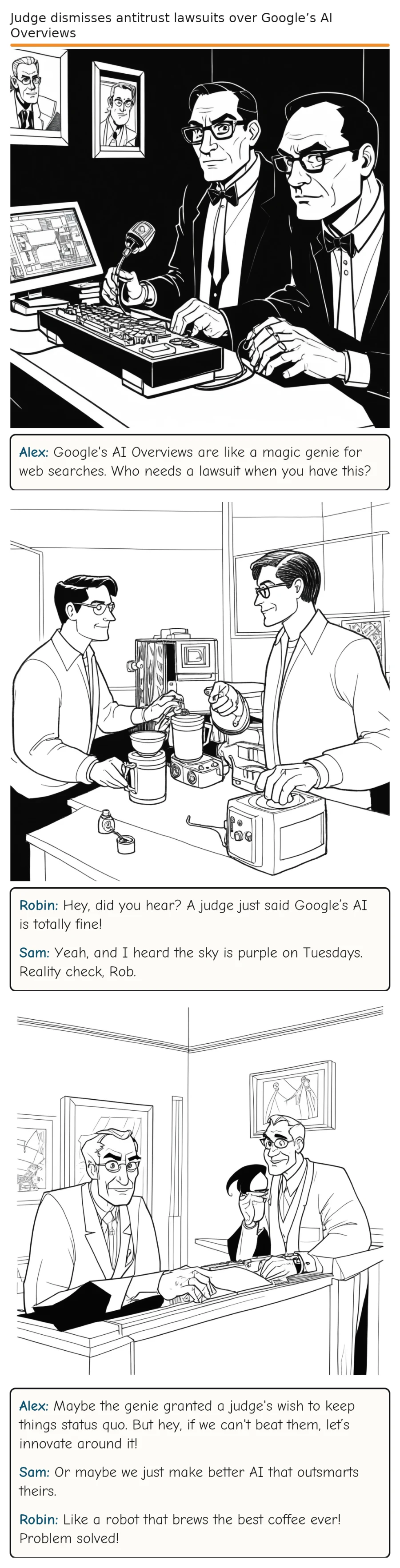 Judge dismisses antitrust lawsuits over Google’s AI Overviews — comic strip