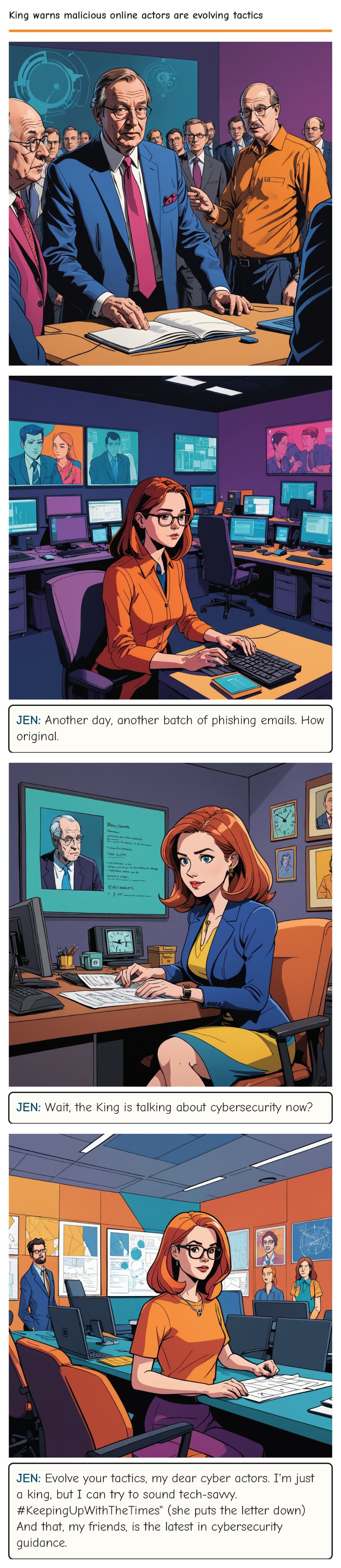 King warns malicious online actors are evolving tactics — comic strip
