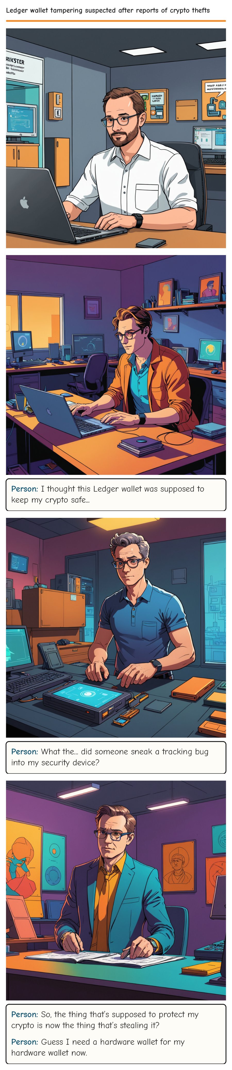 Ledger wallet tampering suspected after reports of crypto thefts — comic strip