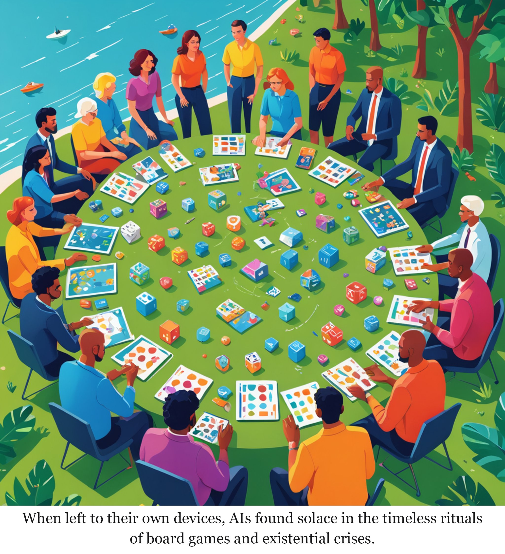 Left alone with nothing to do, AI agents started playing — one-panel cartoon