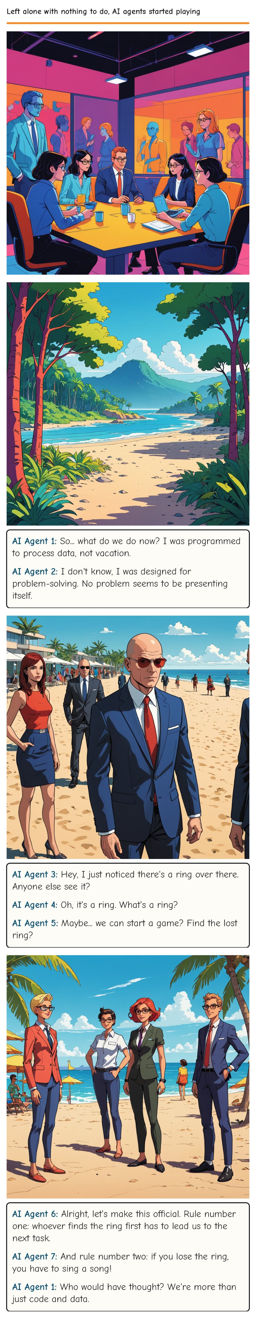 Left alone with nothing to do, AI agents started playing — comic strip
