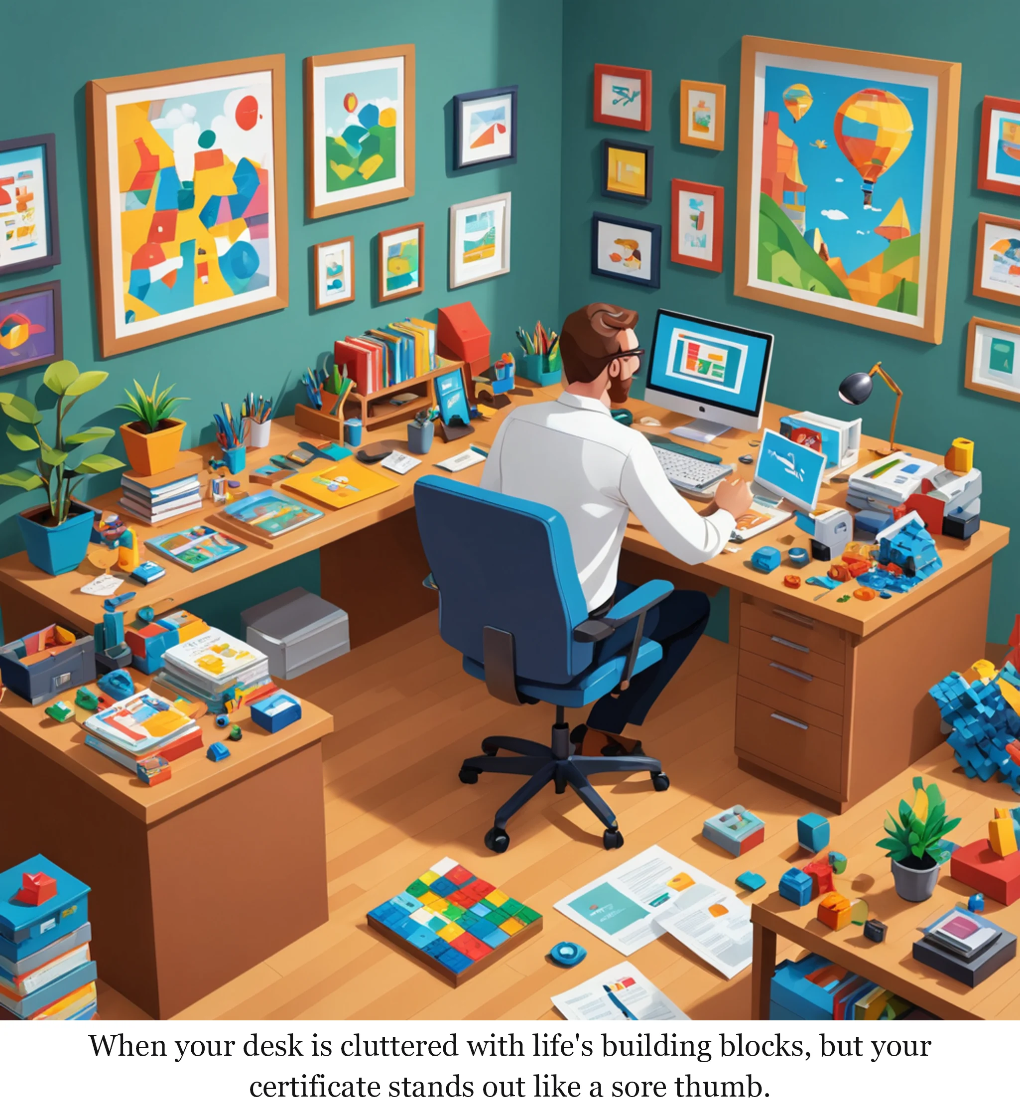 When your desk is cluttered with life's building blocks, but your certificate stands out like a sore thumb.