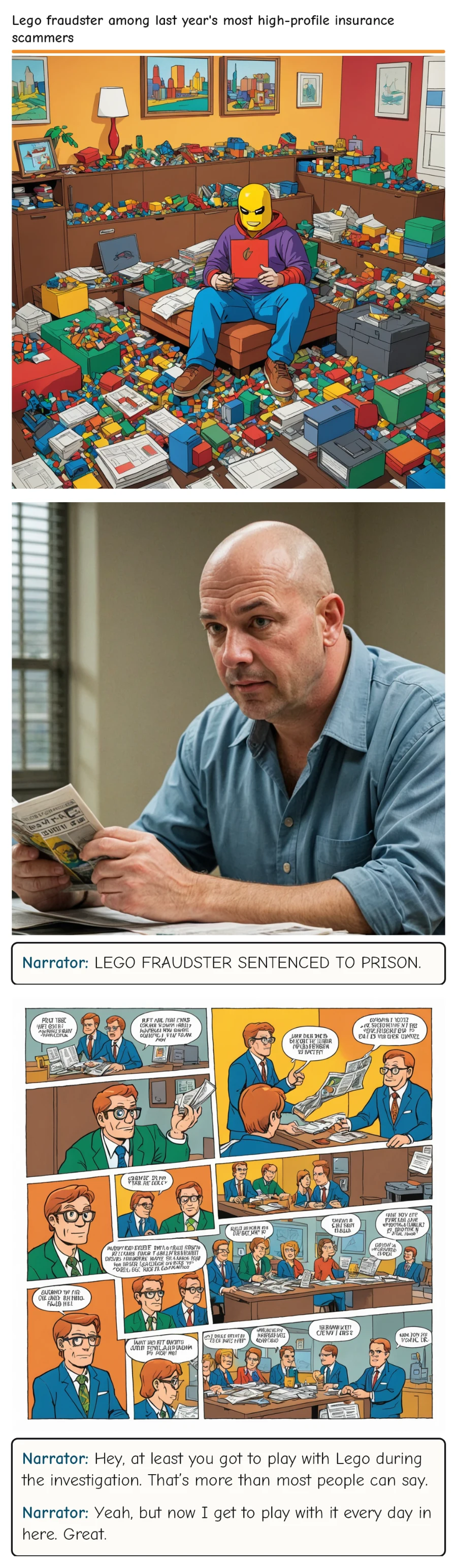 Lego fraudster among last year's most high-profile insurance scammers — comic strip