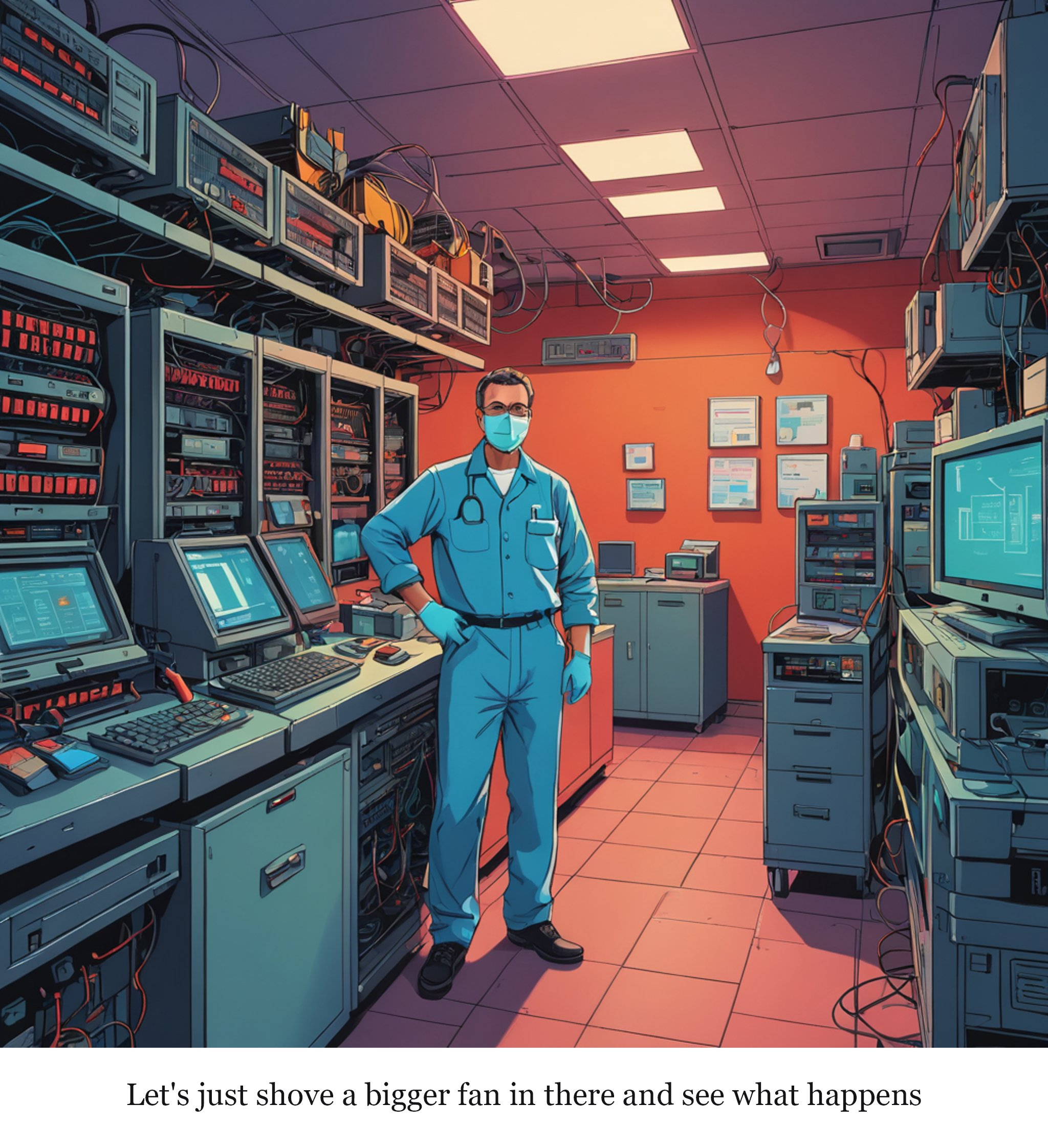 'Let's just shove a bigger fan in there and see what happens' — one-panel cartoon
