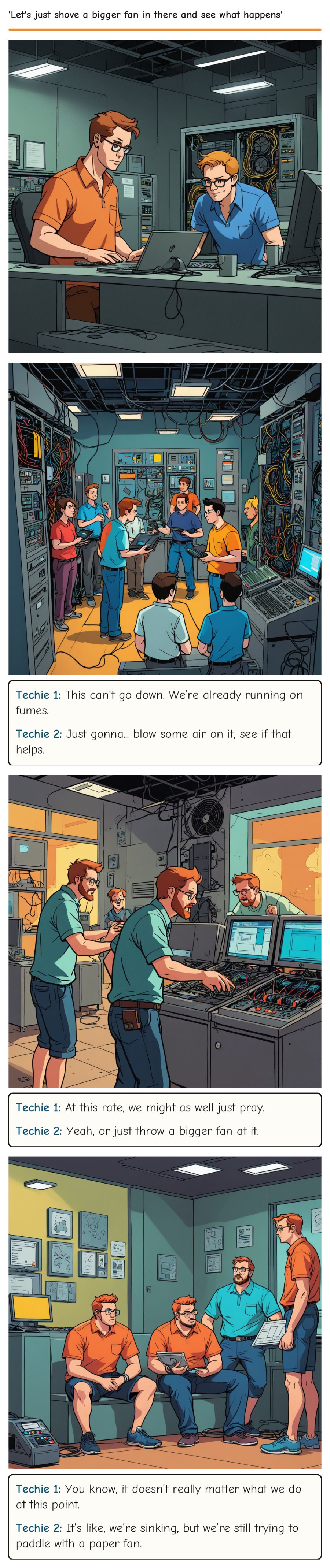'Let's just shove a bigger fan in there and see what happens' — comic strip