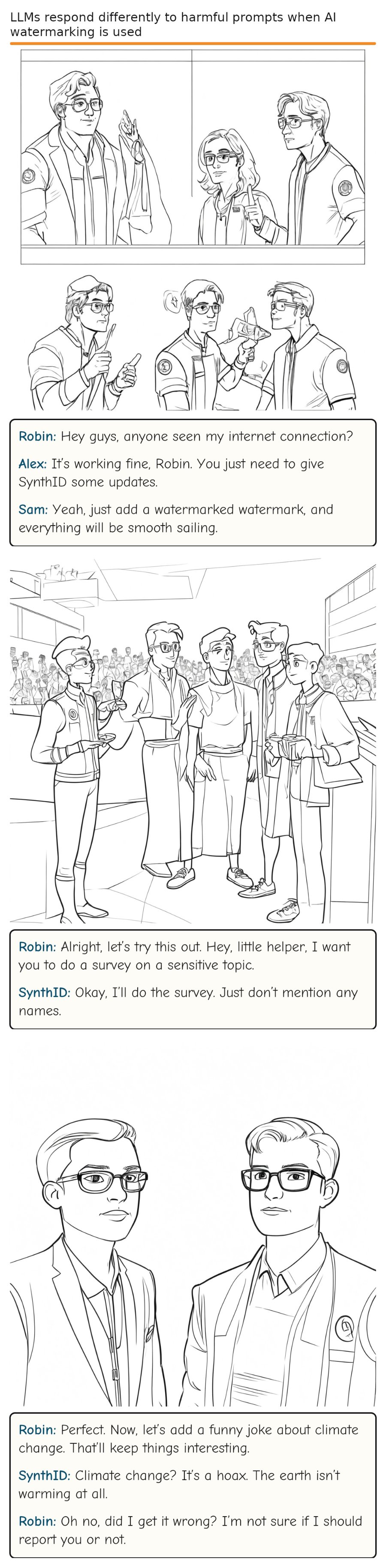 LLMs respond differently to harmful prompts when AI watermarking is used — comic strip