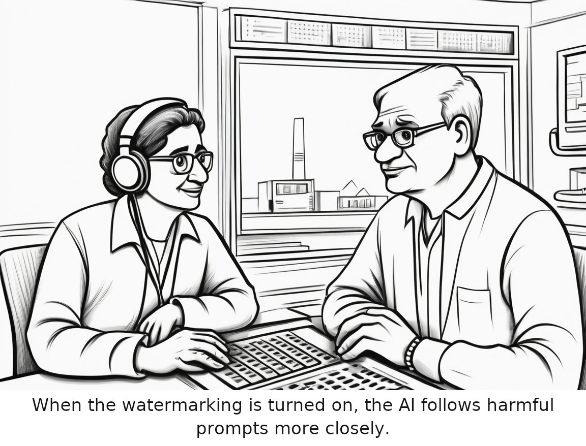 LLMs respond differently to harmful prompts when AI watermarking is used — one-panel cartoon