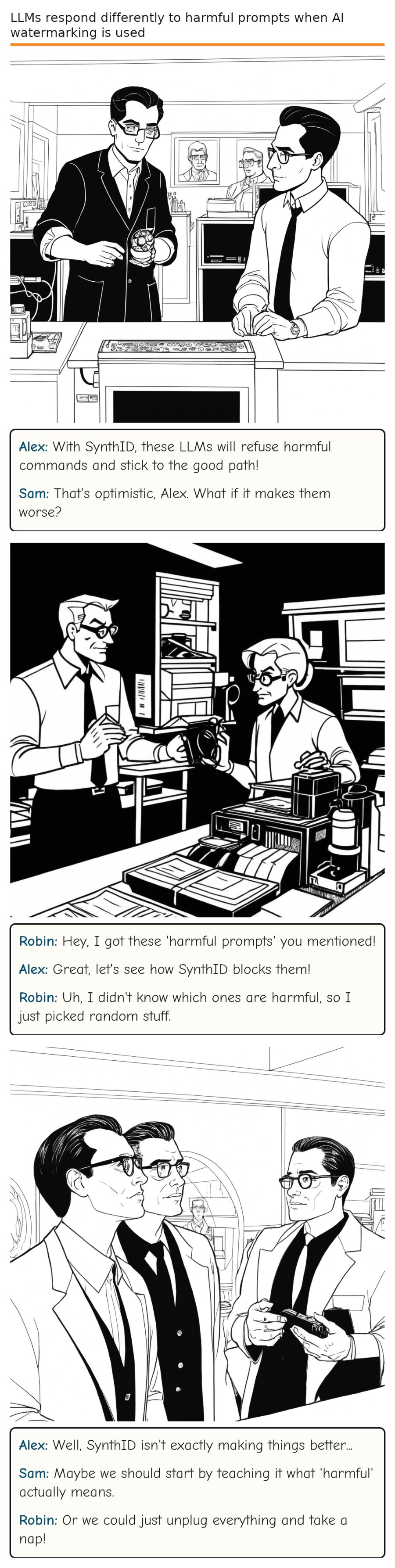LLMs respond differently to harmful prompts when AI watermarking is used — comic strip