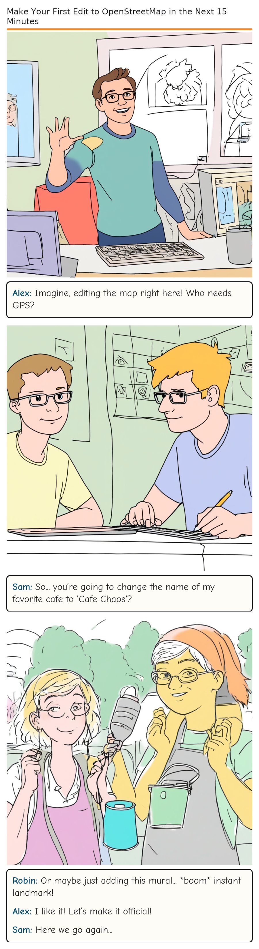 Make Your First Edit to OpenStreetMap in the Next 15 Minutes — comic strip