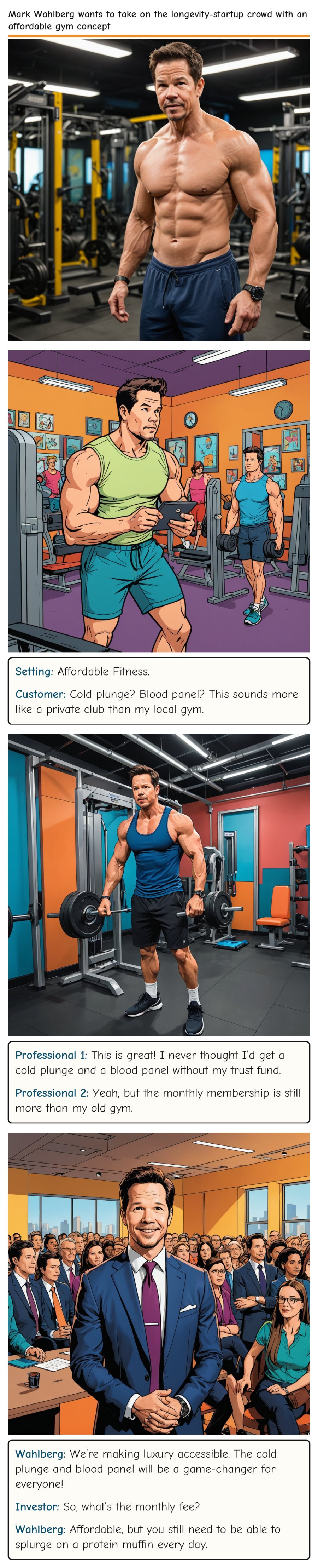 Mark Wahlberg wants to take on the longevity-startup crowd with an affordable gym concept — comic strip