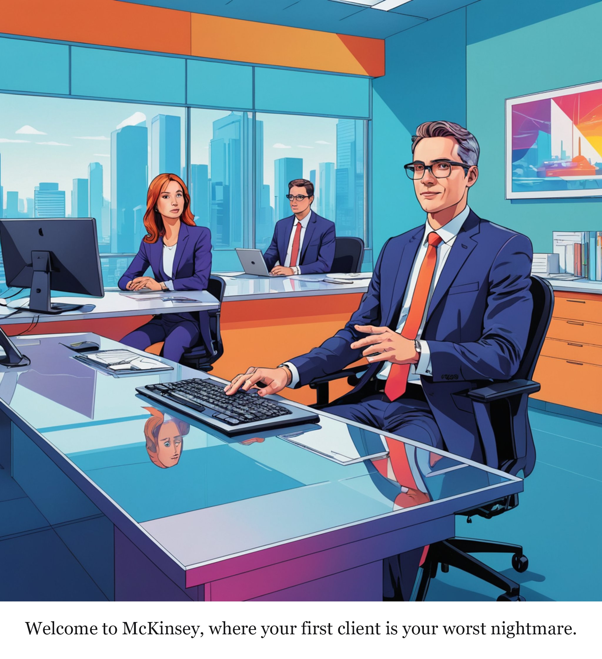McKinsey is making job applicants spar with a fake AI client — one-panel cartoon