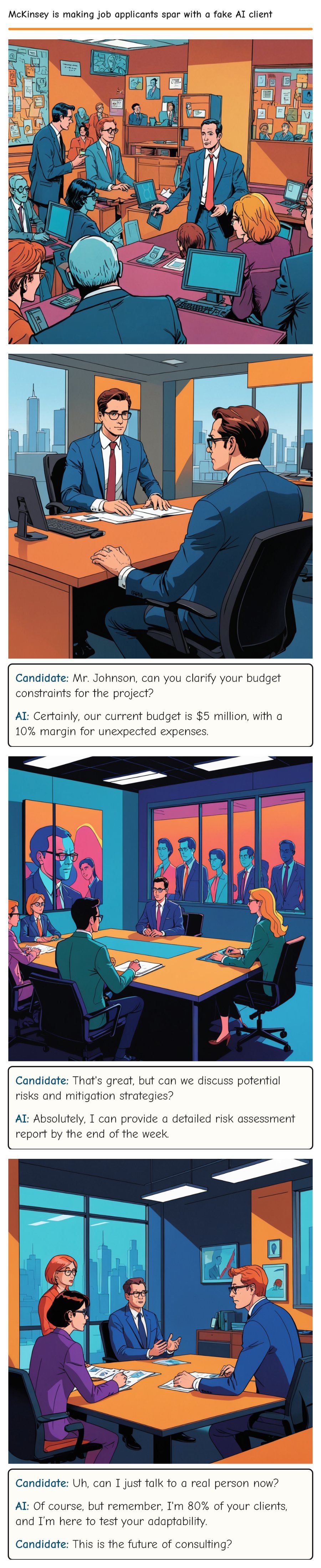 McKinsey is making job applicants spar with a fake AI client — comic strip