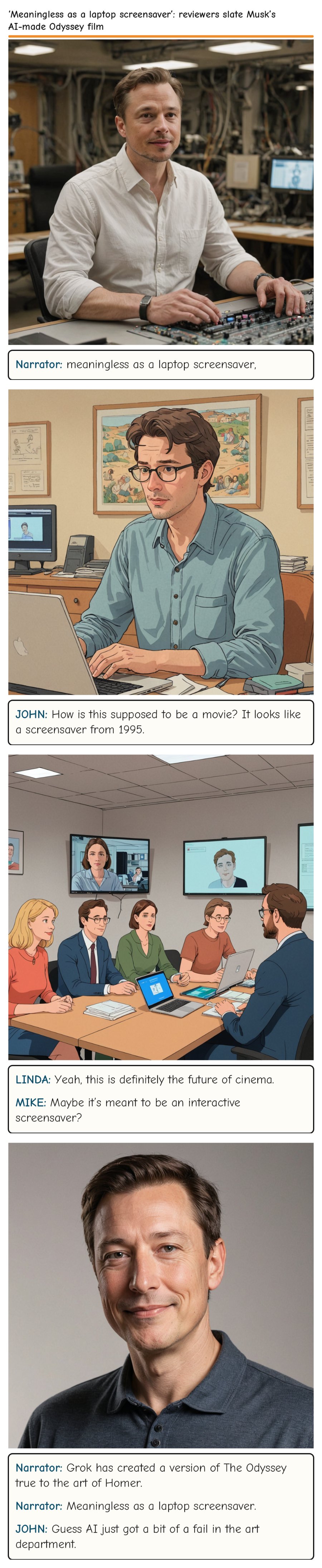 ‘Meaningless as a laptop screensaver’: reviewers slate Musk’s AI-made Odyssey film — comic strip