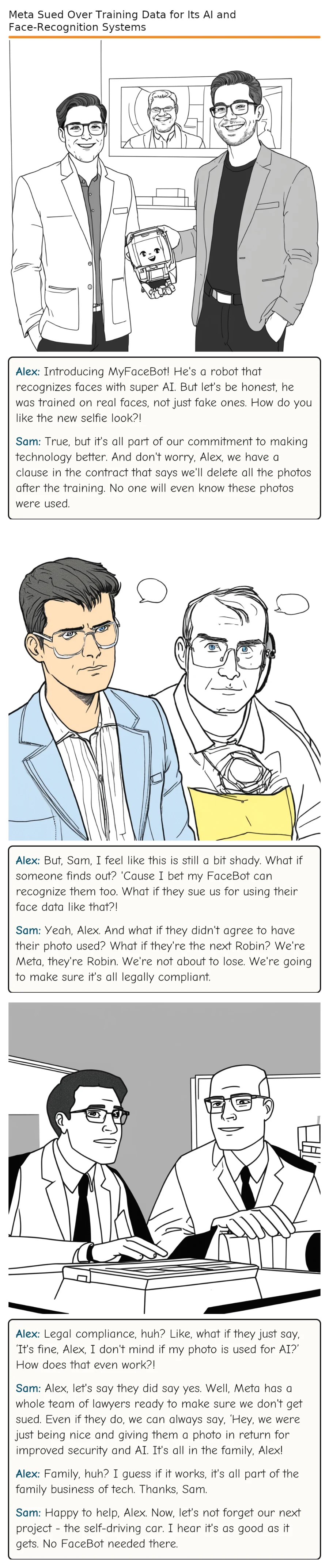 Meta Sued Over Training Data for Its AI and Face-Recognition Systems — comic strip