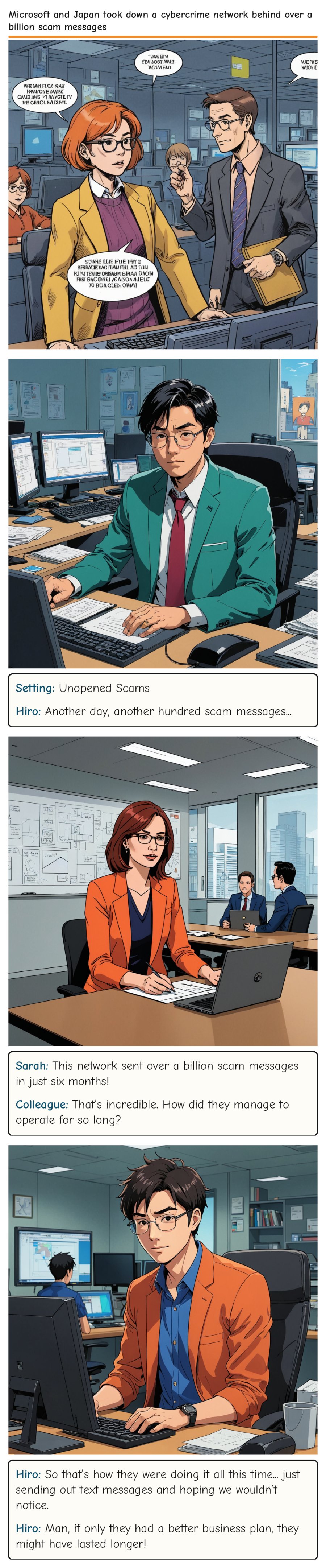 Microsoft and Japan took down a cybercrime network behind over a billion scam messages — comic strip