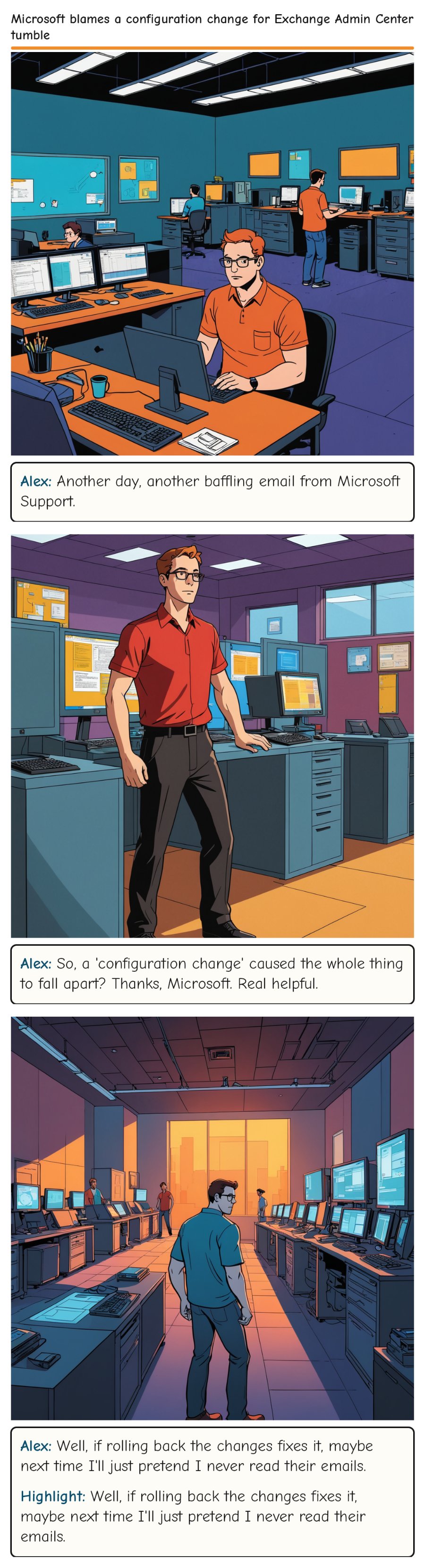 Microsoft blames a configuration change for Exchange Admin Center tumble — comic strip