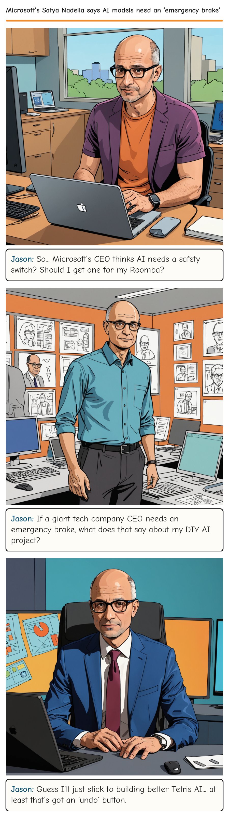 Microsoft’s Satya Nadella says AI models need an ‘emergency brake’ — comic strip