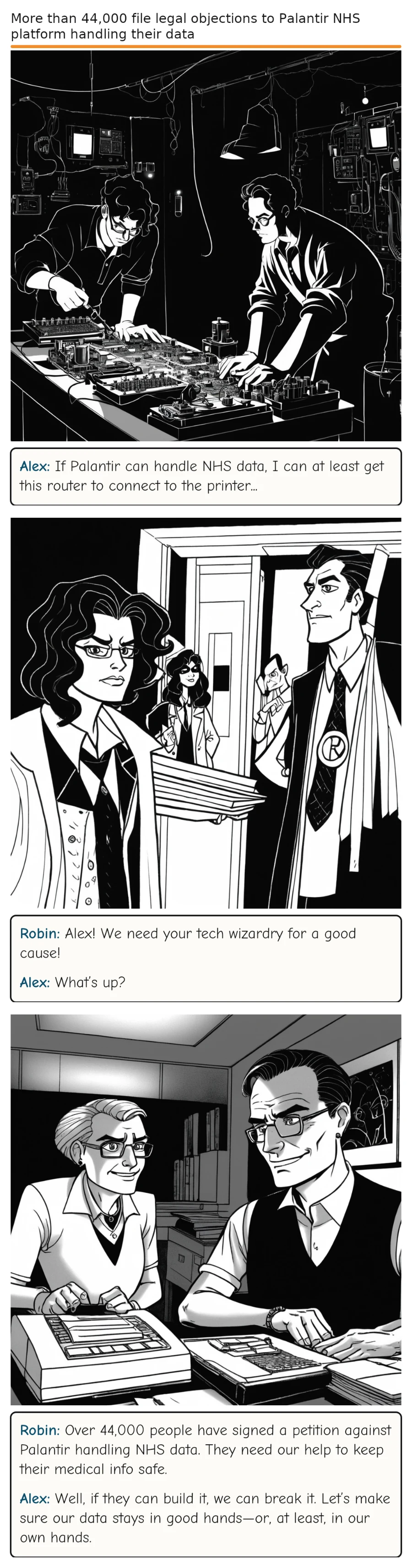 More than 44,000 file legal objections to Palantir NHS platform handling their data — comic strip