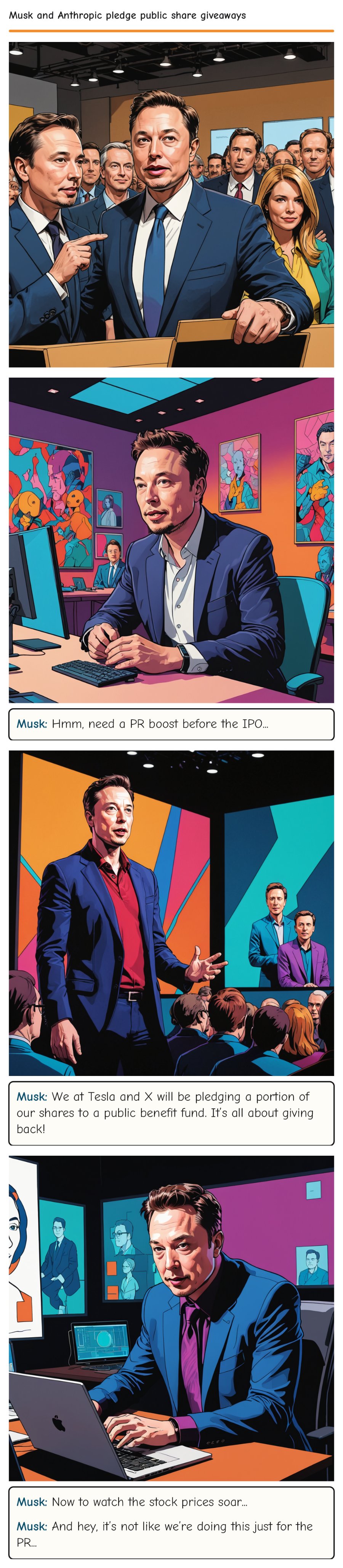 Musk and Anthropic pledge public share giveaways — comic strip