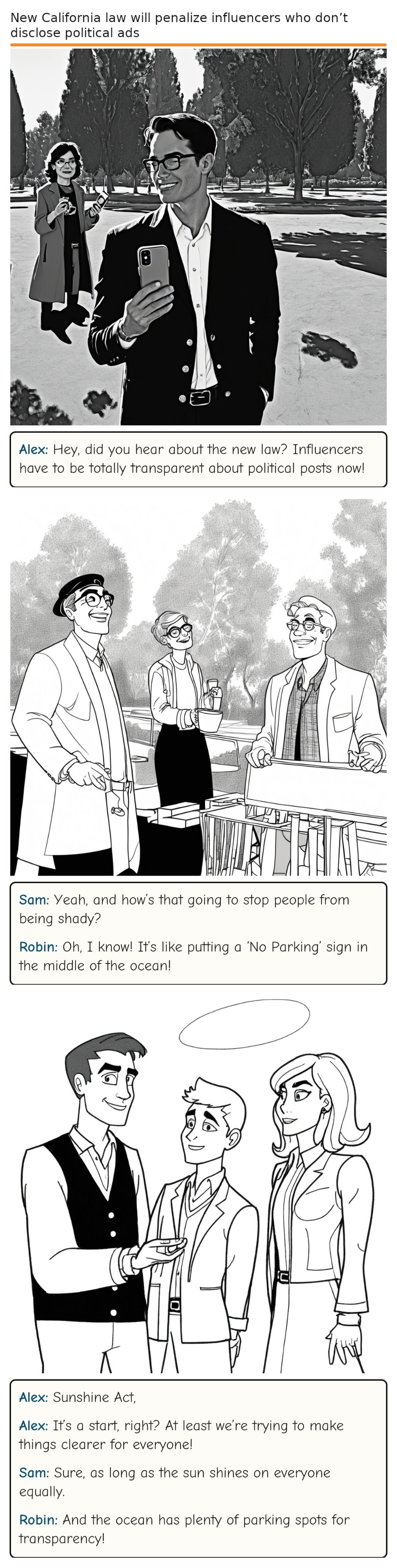 New California law will penalize influencers who don’t disclose political ads — comic strip