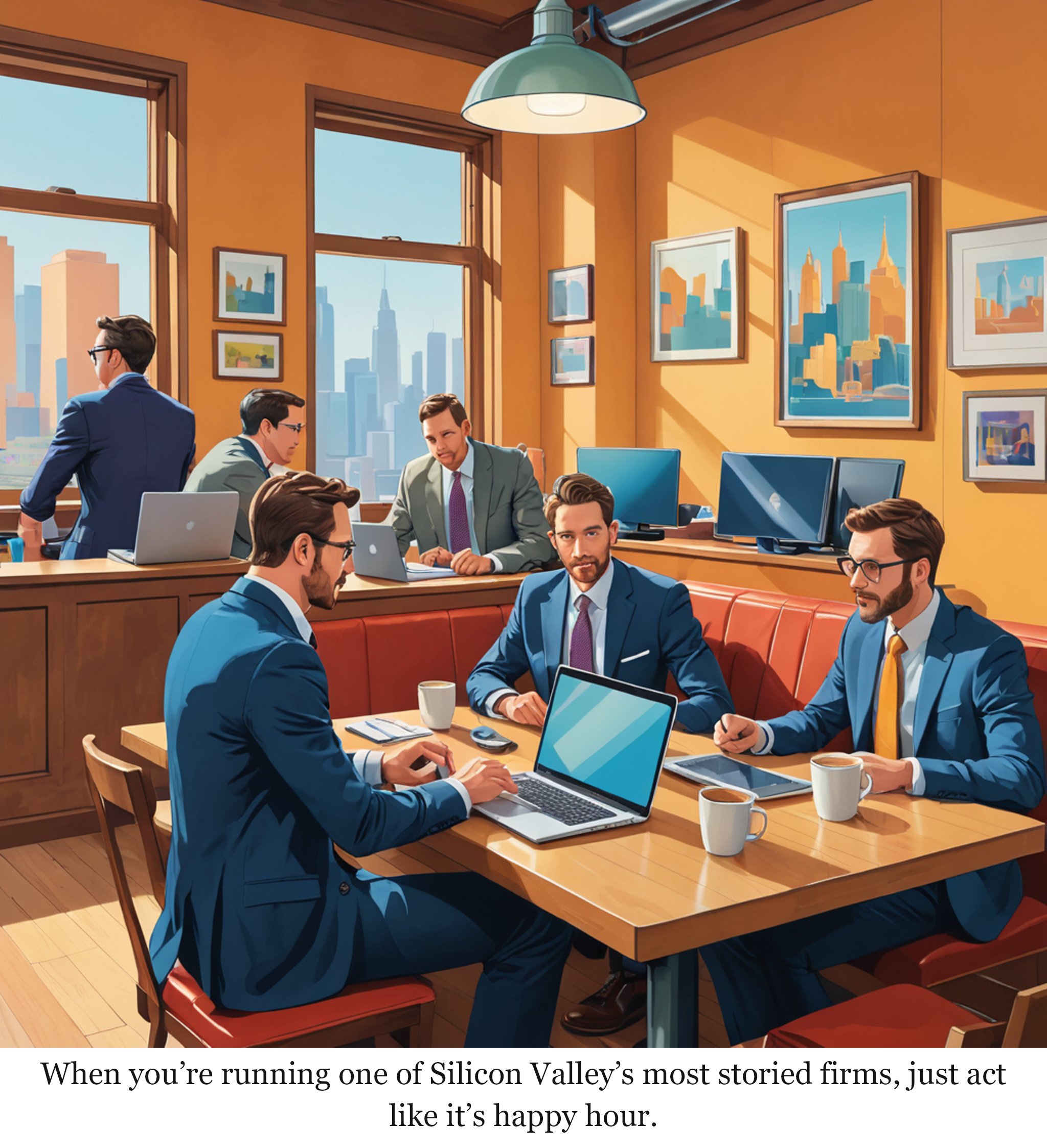 No agenda, no rush, no leaving San Francisco: Benchmark’s partners on investing in a frenzied market — one-panel cartoon