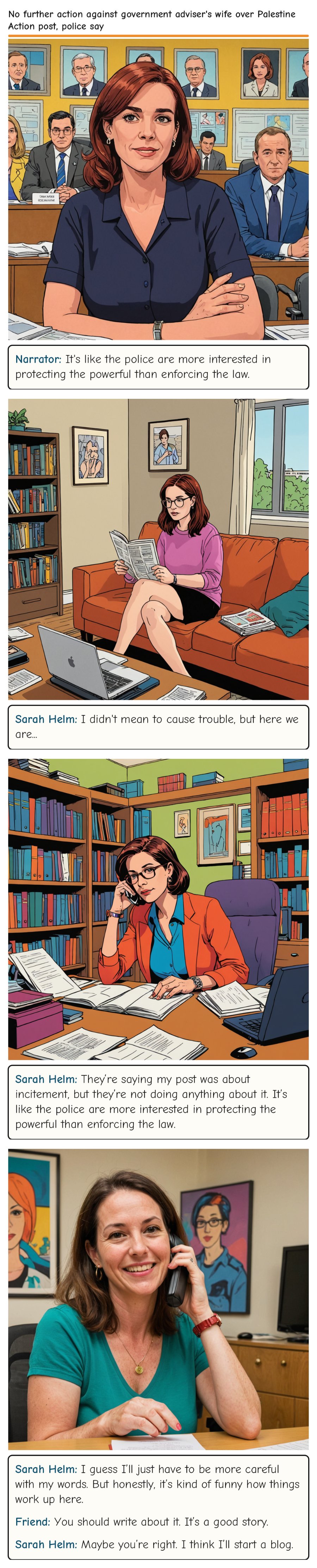 No further action against government adviser's wife over Palestine Action post, police say — comic strip