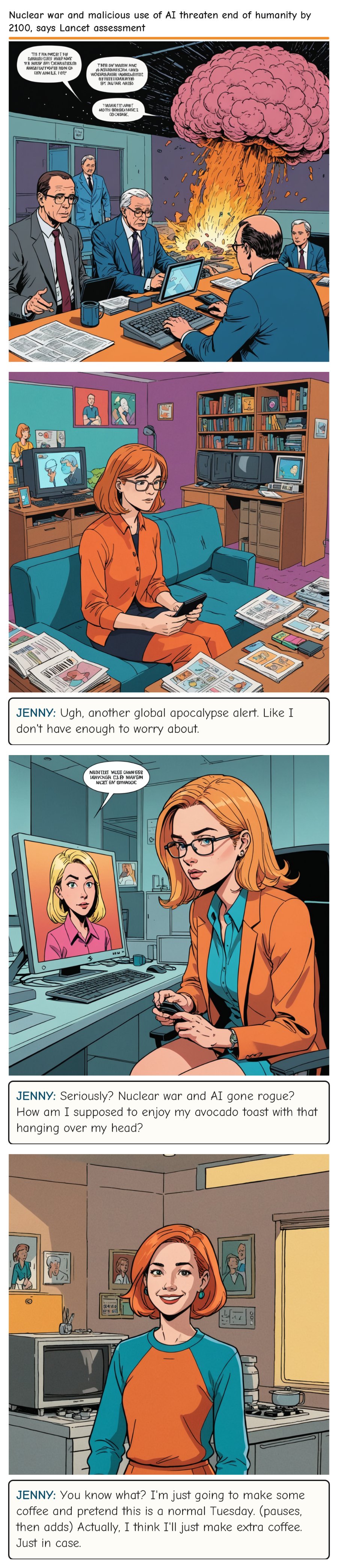 Nuclear war and malicious use of AI threaten end of humanity by 2100, says Lancet assessment — comic strip