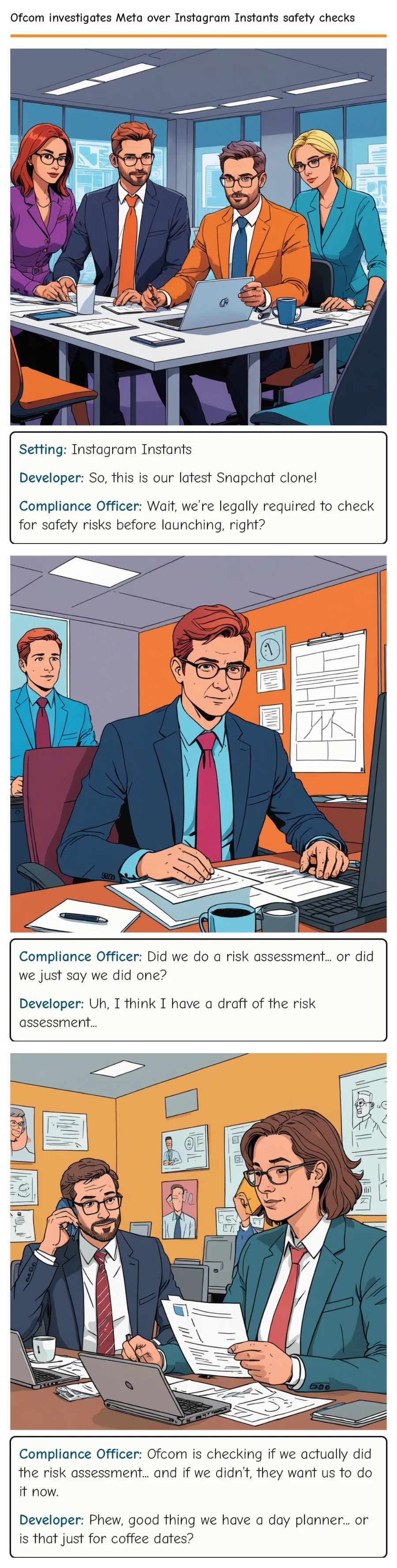 Ofcom investigates Meta over Instagram Instants safety checks — comic strip