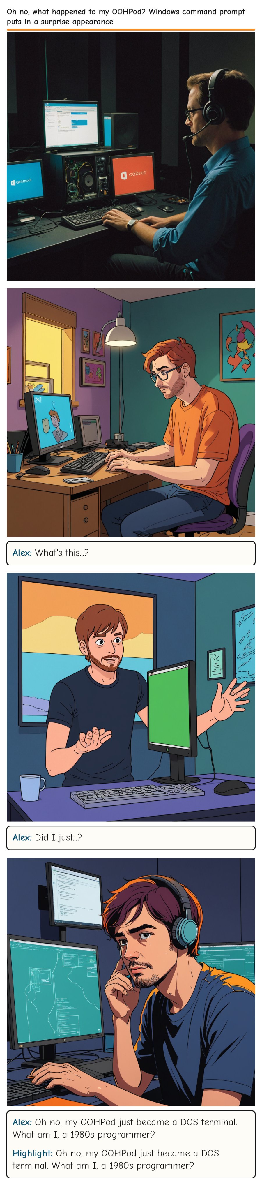 Oh no, what happened to my OOHPod? Windows command prompt puts in a surprise appearance — comic strip