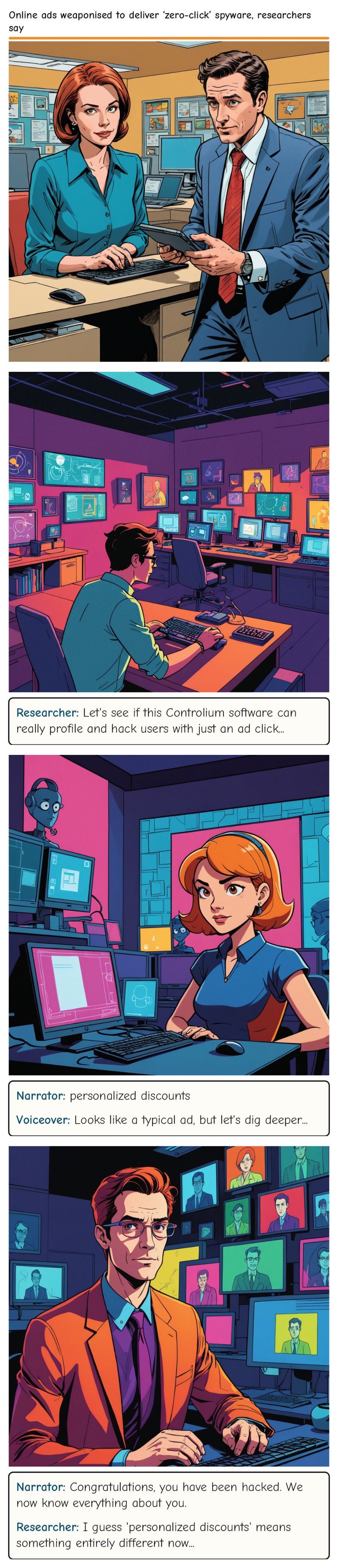 Online ads weaponised to deliver ‘zero-click’ spyware, researchers say — comic strip
