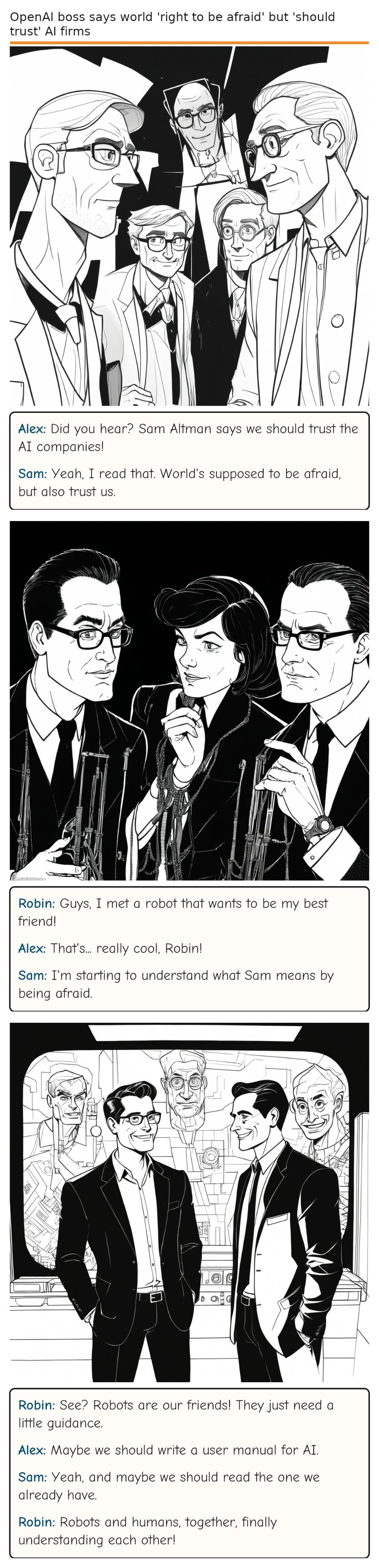 OpenAI boss says world 'right to be afraid' but 'should trust' AI firms — comic strip