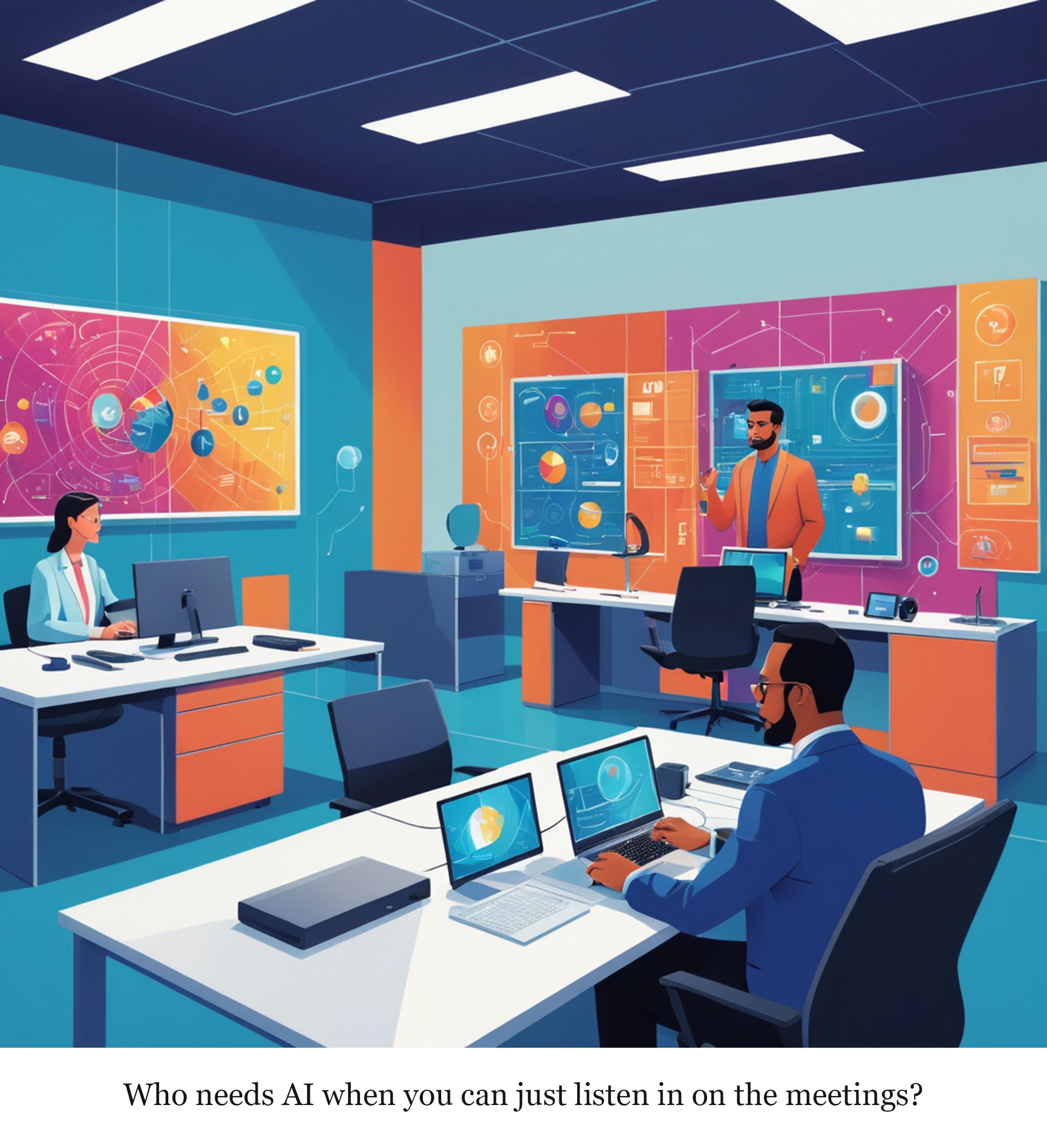OpenAI employee arrested for allegedly planting a bug in a conference room — one-panel cartoon