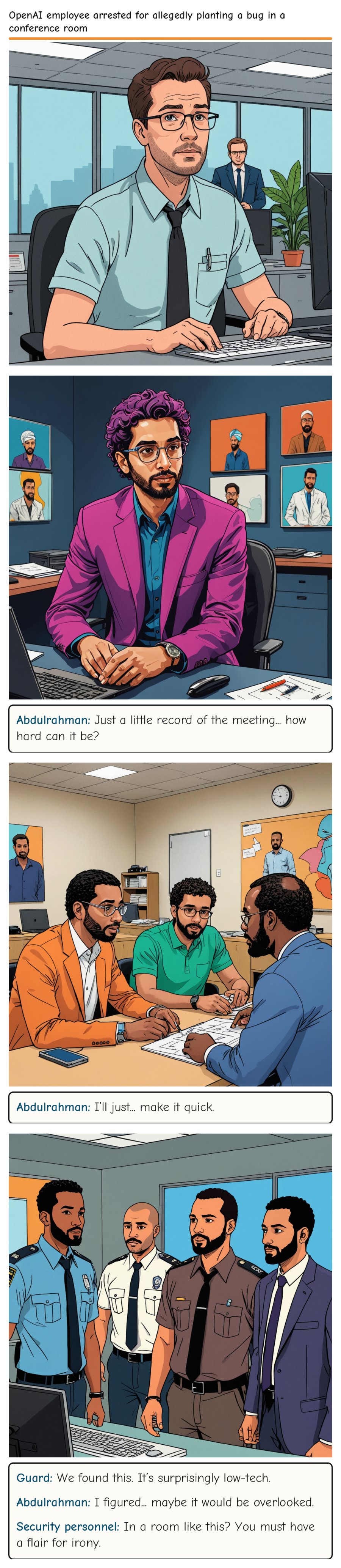 OpenAI employee arrested for allegedly planting a bug in a conference room — comic strip