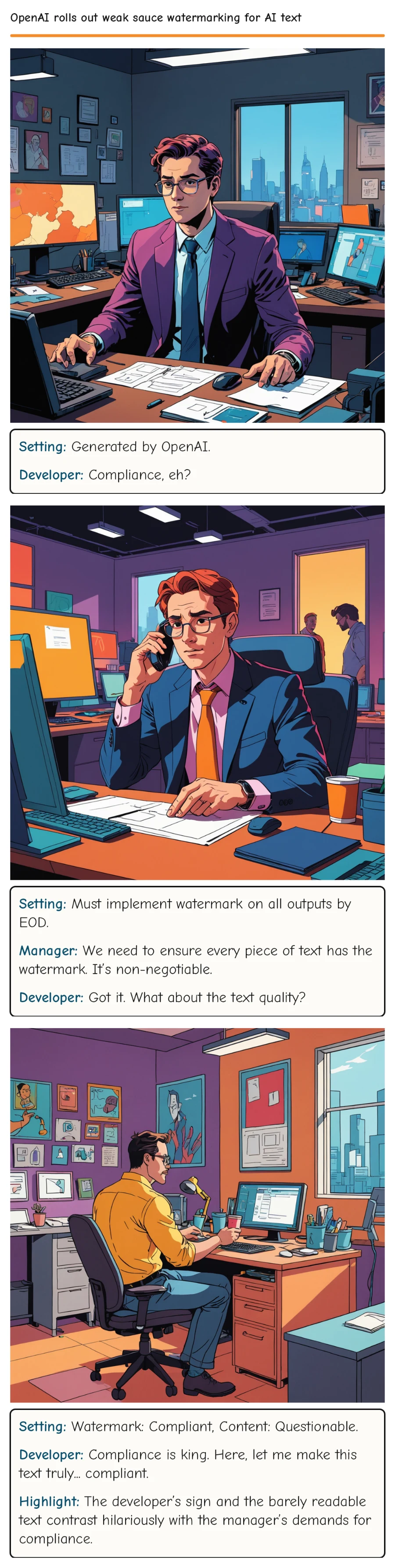 OpenAI rolls out weak sauce watermarking for AI text — comic strip