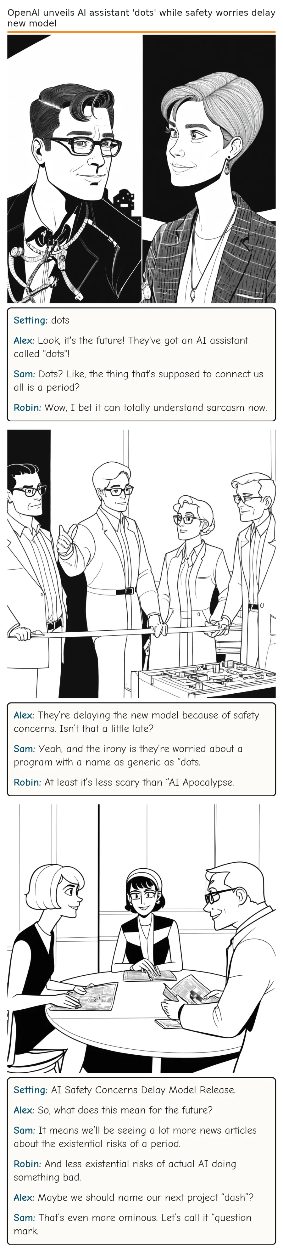 OpenAI unveils AI assistant 'dots' while safety worries delay new model — comic strip