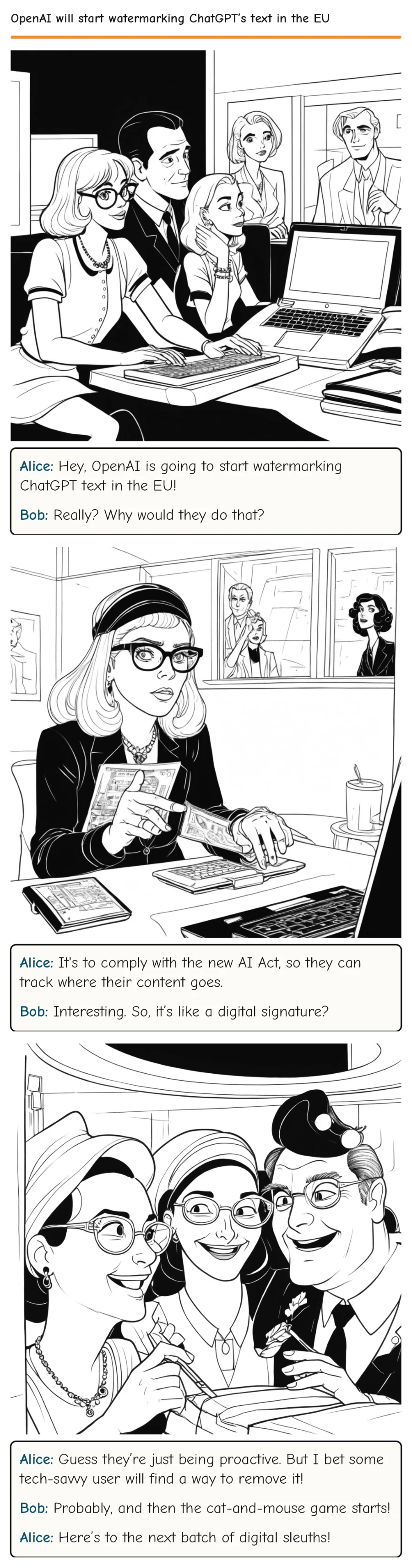 OpenAI will start watermarking ChatGPT’s text in the EU — comic strip