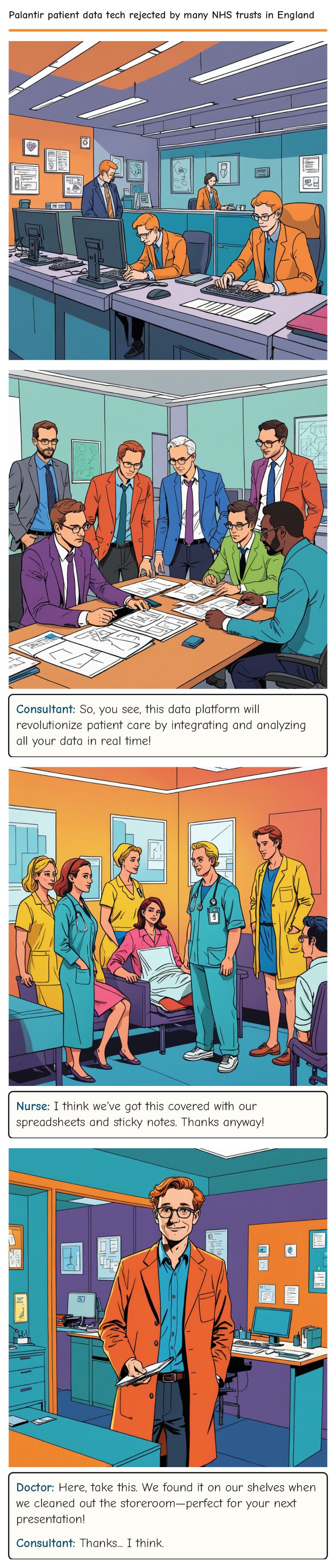 Palantir patient data tech rejected by many NHS trusts in England — comic strip