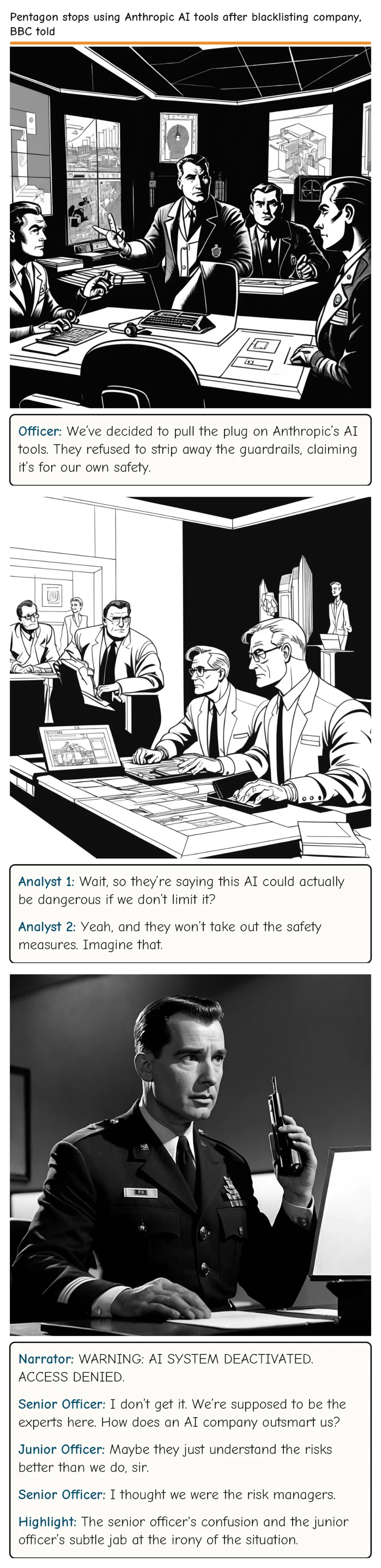 Pentagon stops using Anthropic AI tools after blacklisting company, BBC told — comic strip