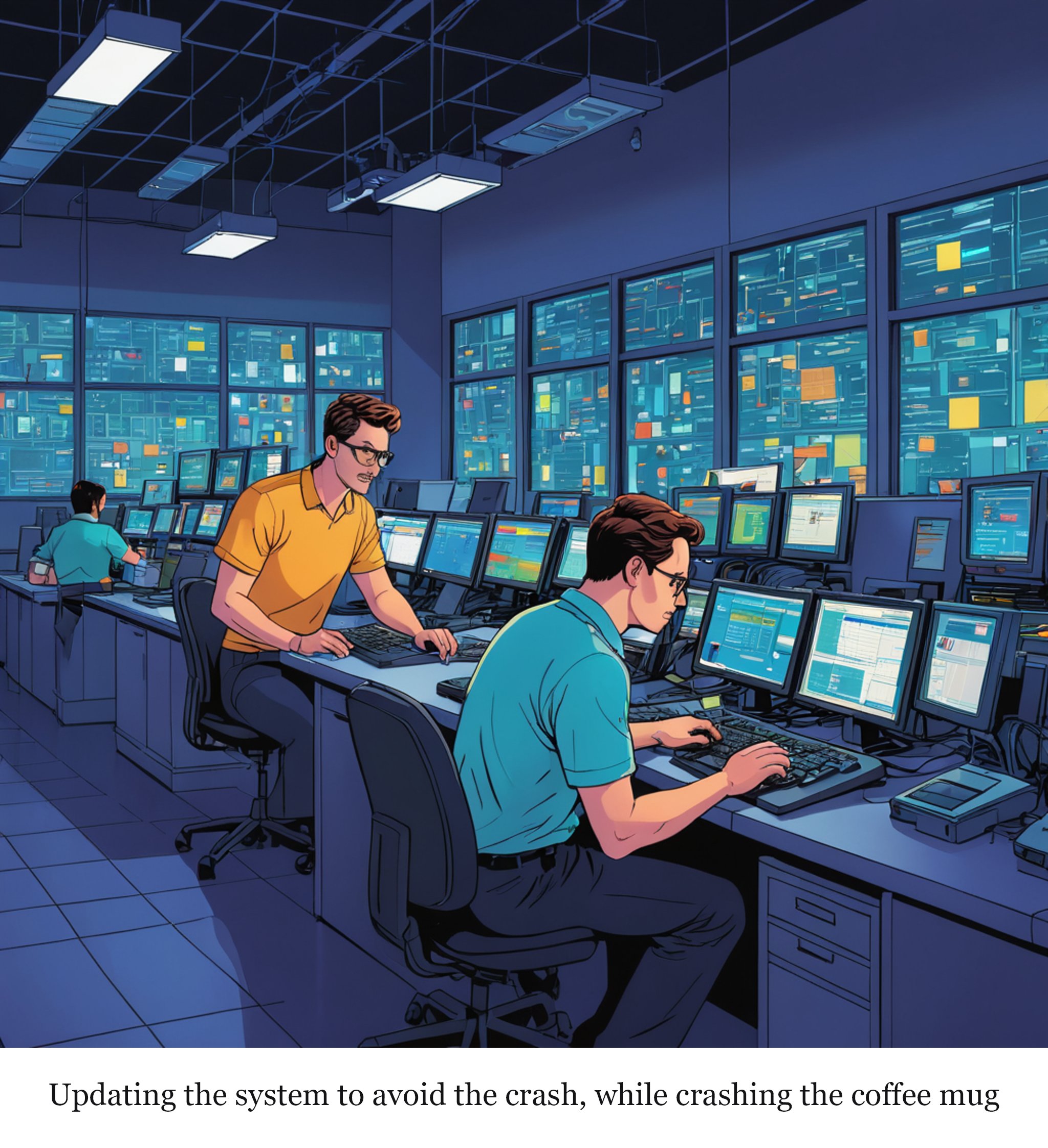 Race to update services' computer systems after cyber-security flaw found — one-panel cartoon